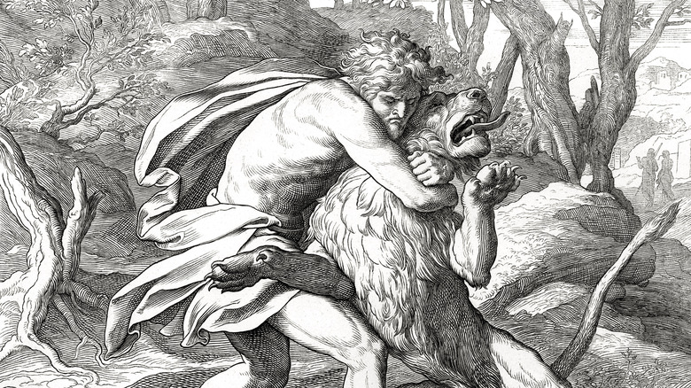 Samson slaying a lion