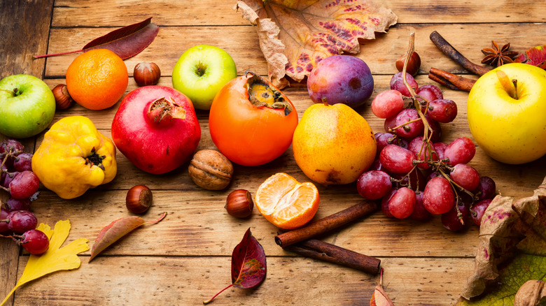 Autumn fruit on table