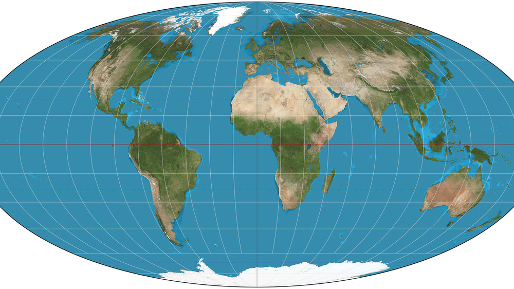 A size-accurate Mollweide projection map.