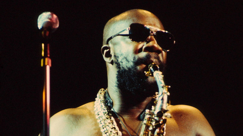 Isaac Hayes playing the saxophone 