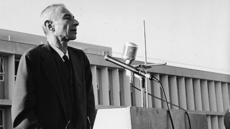 J. Robert Oppenheimer in 1958 speaking at microphone