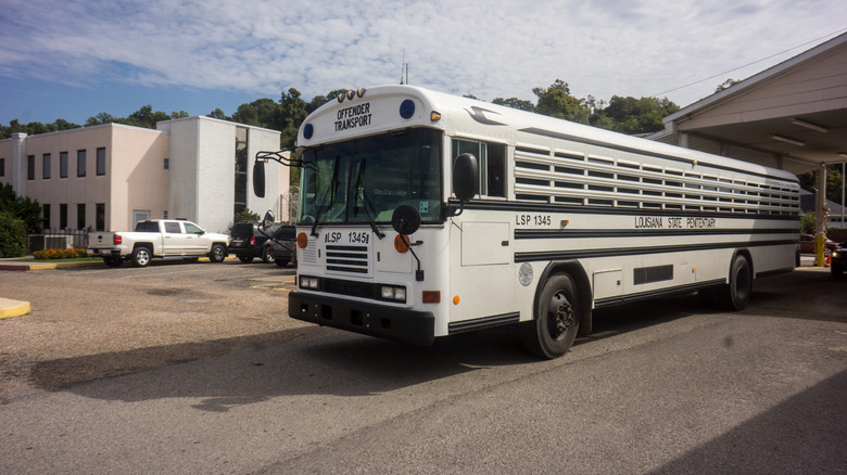 Prison bus waits outside Angola