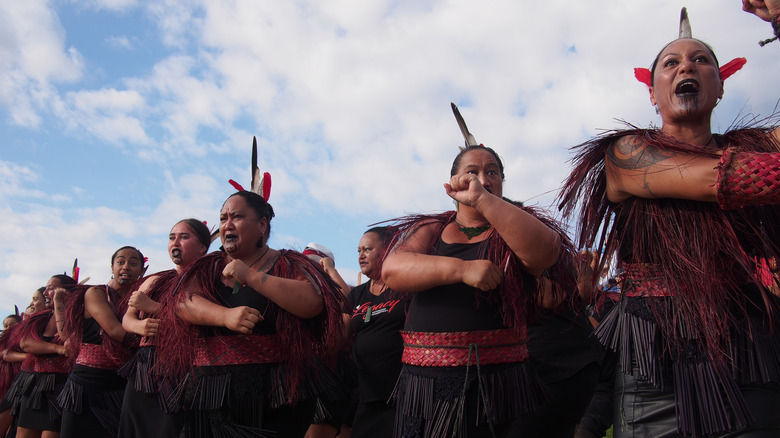 Maori women doing tribal dance