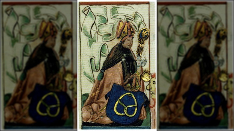 medieval painting clergyman pretzel satchel