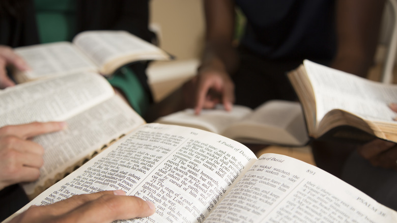 Study group pointing at Bibles 