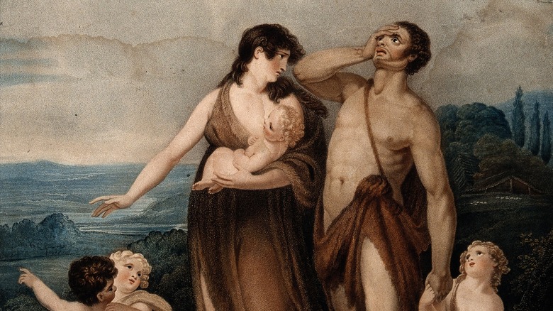 Adam and Eve traveling with children after the Expulsion