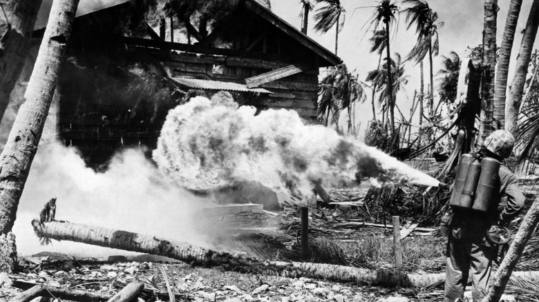 marine uses flamethrower to destroy building during world war II