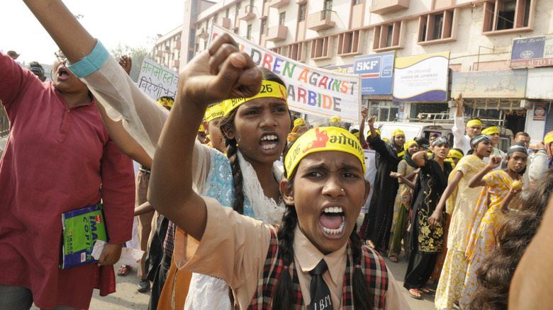 A protest rally against Dow Carbide after the Bhopal incident