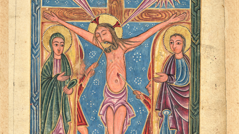 Medieval illustration of crucifixion showing Jesus offered vinegar-soaked sponge