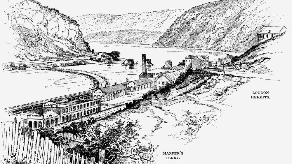 Harper's Ferry, West Virginia, c1870. The site of a slave rebellion led by John Brown. It ended in an engine house to the left of the track leading down to the ferry on 18 October 1859. 