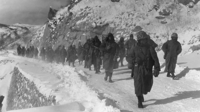 Soldiers marching during the Battle of the Chosin Reservoir