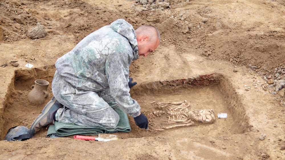 Archeologist uncovering a body