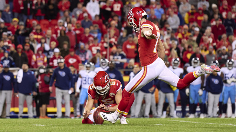 Kansas City Chief kicking ball