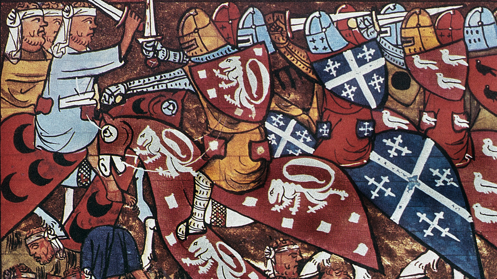 painting of the crusades battle with red shields