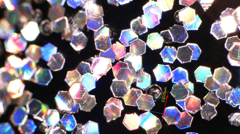 Glitter close-up under microscope