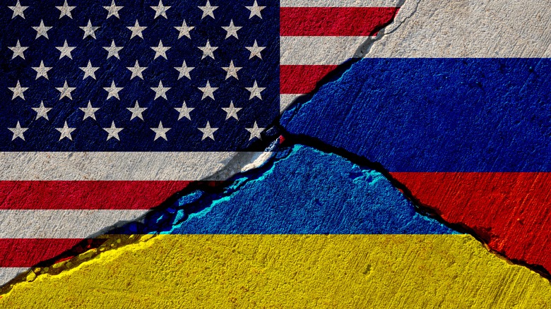 Wall with American, Ukraine, Russian flags