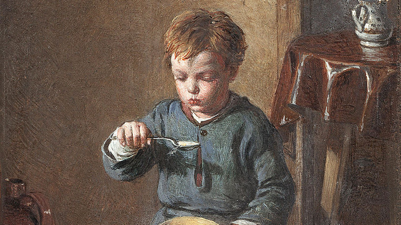 Painting of boy eating porridge