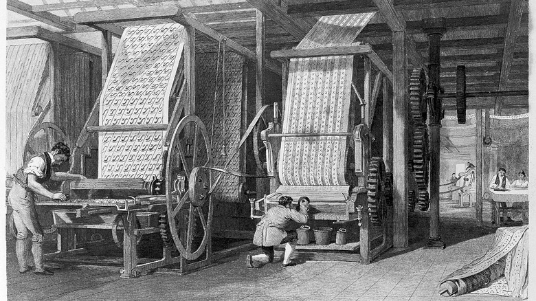 Illustration of calico printing in textile factory