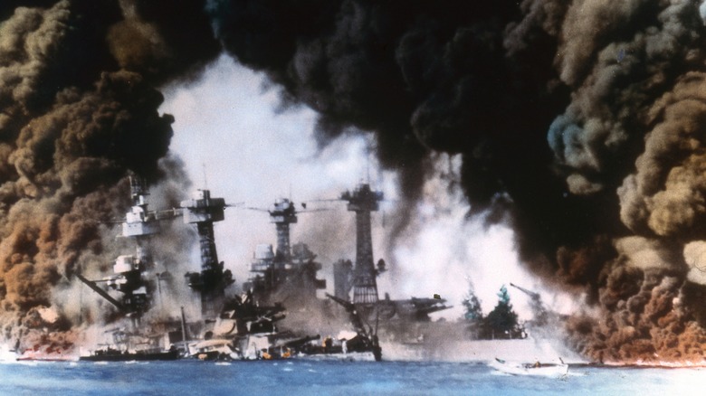 Ships on fire at Pearl Harbor