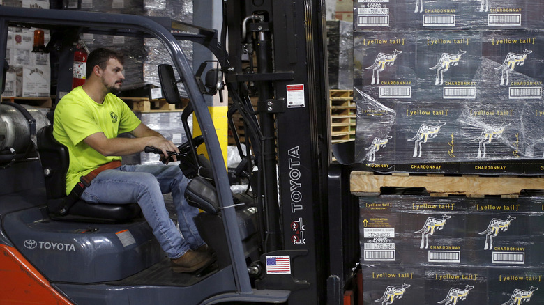 yellowtail wine boxes on a forklift