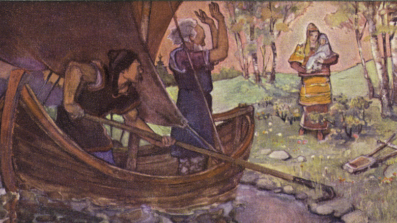illustrated scene two men in a boat lady with baby
