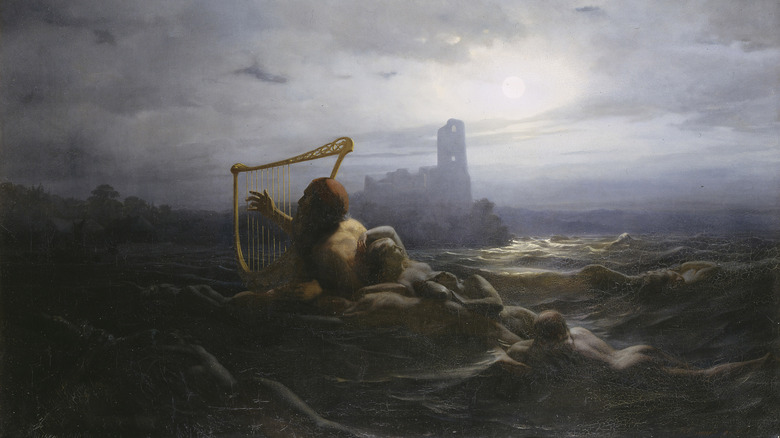 painting of Ægir playing the harp on island in ocean with daughters