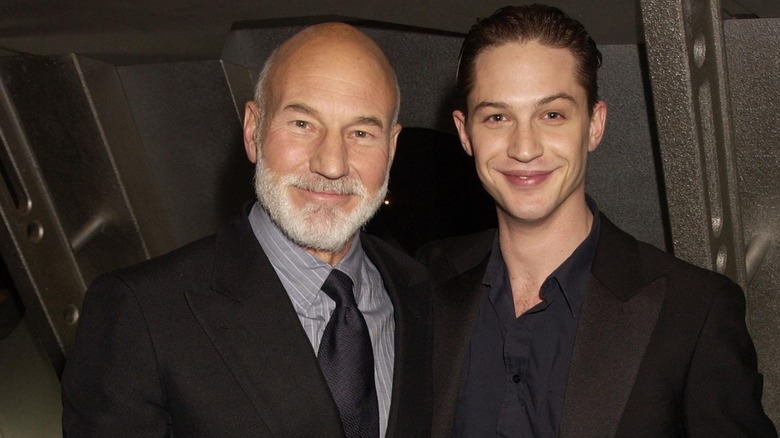 Patrick Stewart Tom Hardy posing for promo photo