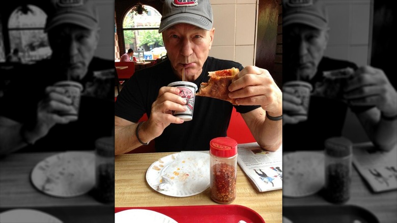 Patrick Stewart eating pizza