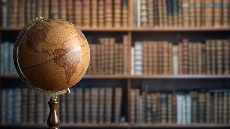 a globe in a library